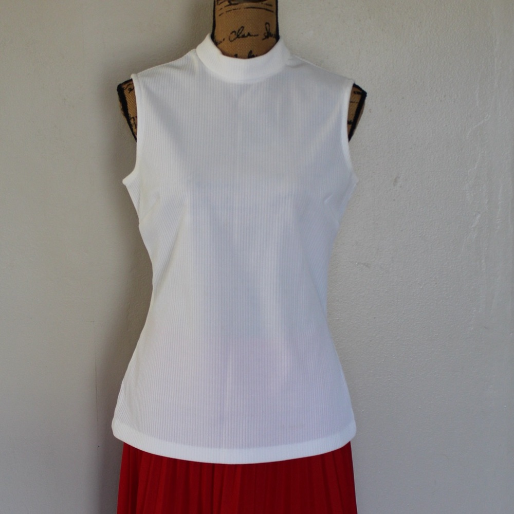 Vtg 70s Mod Terry White Polyester Ribbed Mock Neck Back Zip Tank Top Women’s M